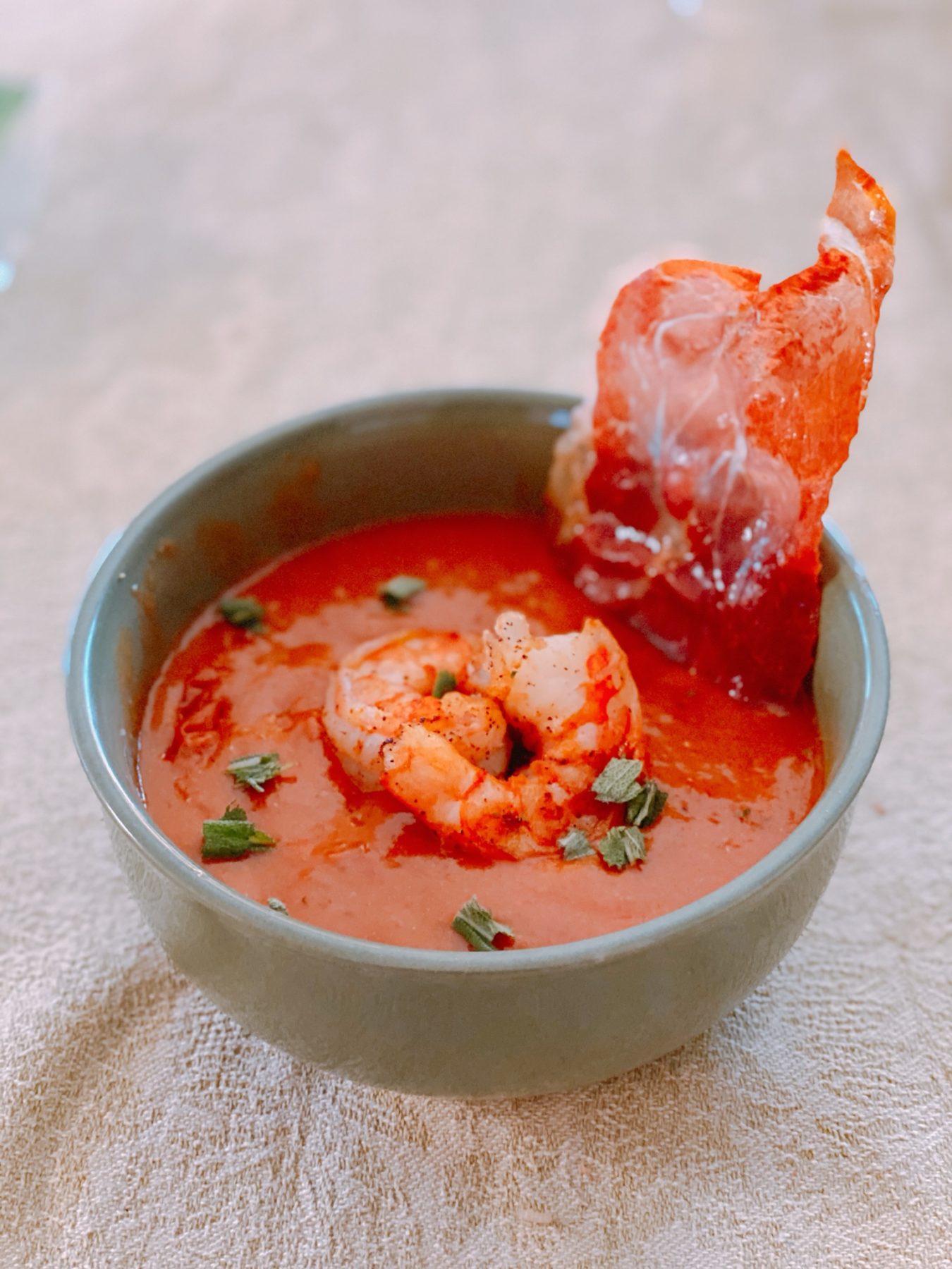 Lobster Bisque with Shrimp and Crispy Prosciutto